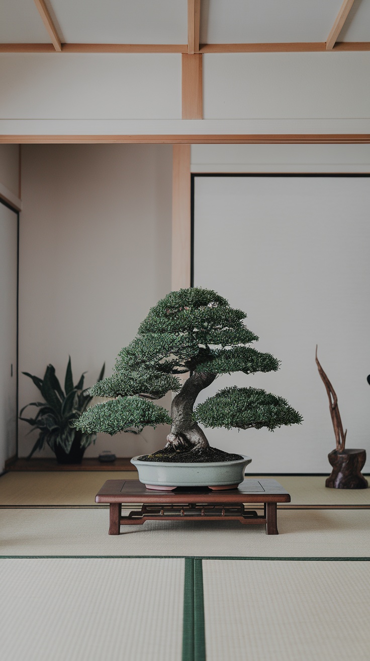 A well-maintained bonsai tree displayed in a Japanese-style room with tatami flooring.