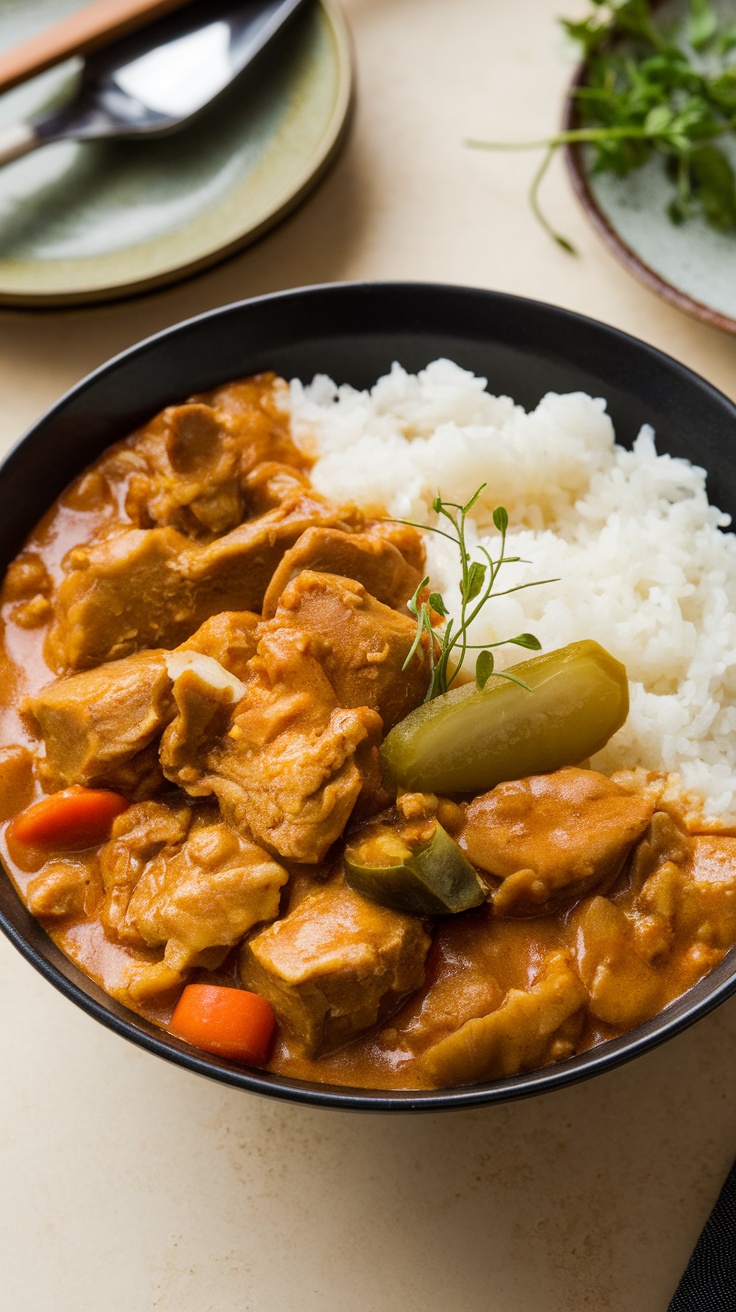A bowl of Japanese curry with rice and vegetables.