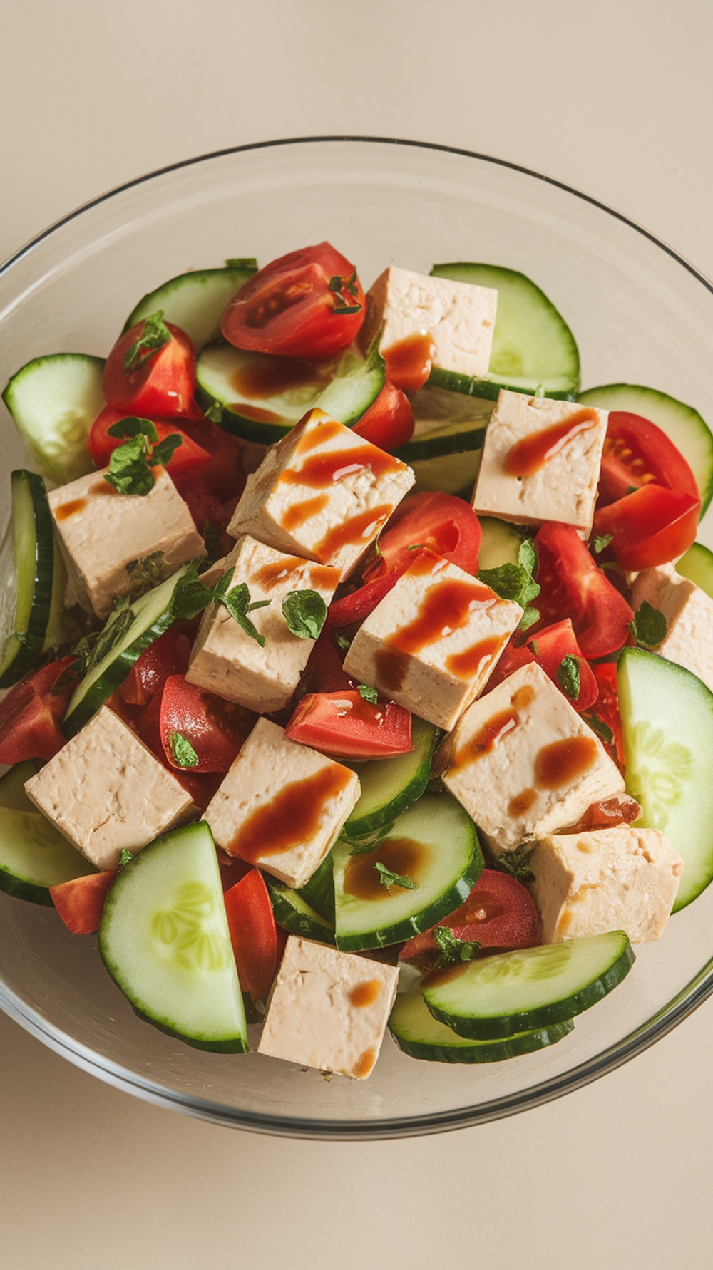 A bowl of cold tofu salad with cucumber, tomatoes, and sauce.
