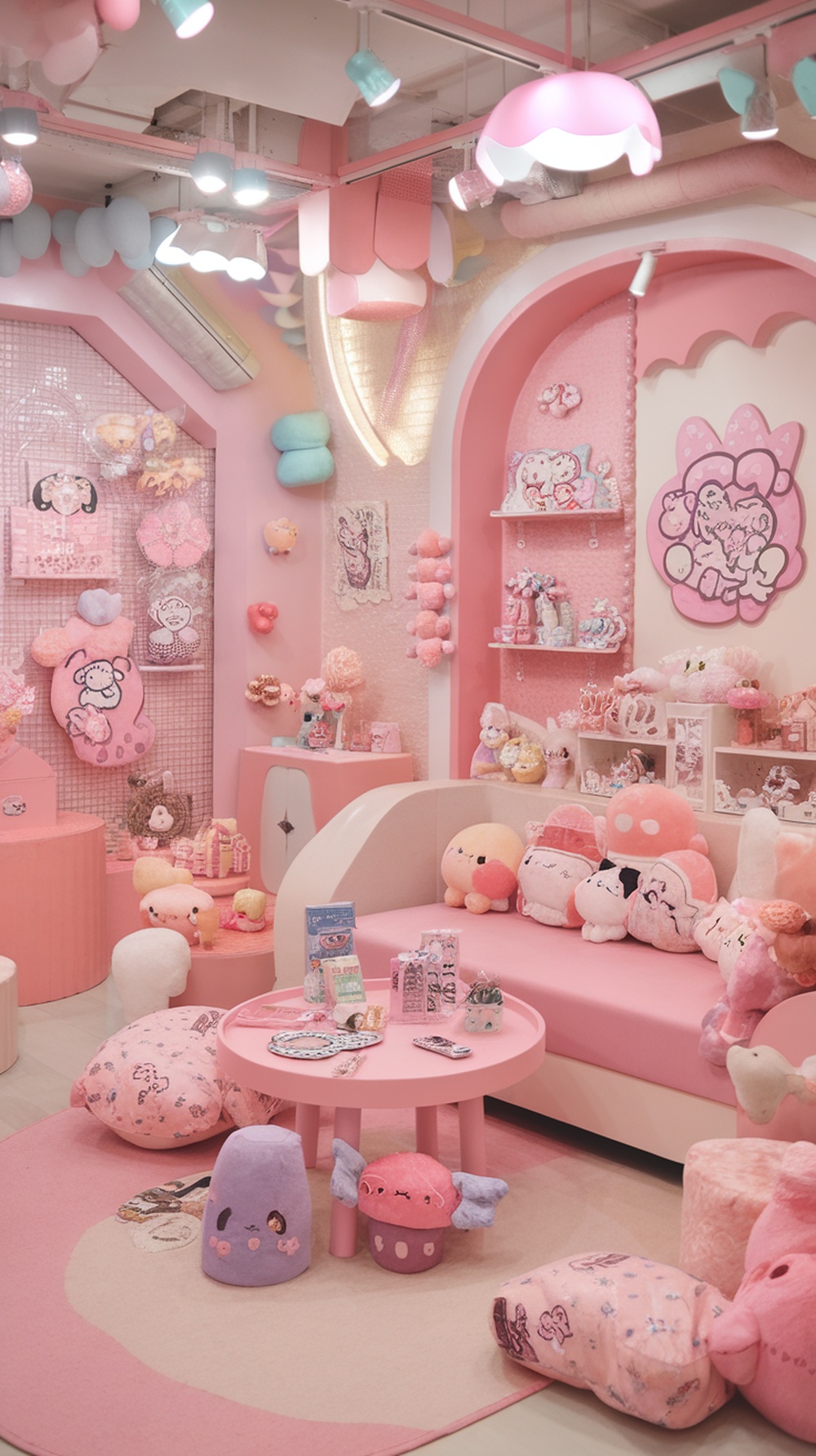 A vibrant Japanese room decorated in pink with plush toys and cute accessories.