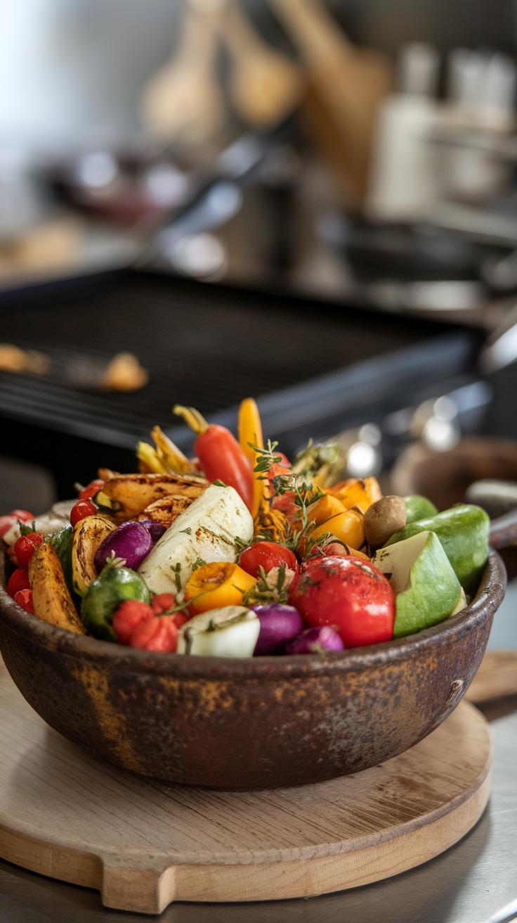 Un plat de légumes colorés grillés, prêt à être servi.