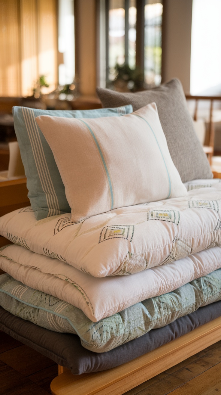 A neatly stacked arrangement of futon bedding in a Japanese bedroom, featuring various layers and decorative pillows.