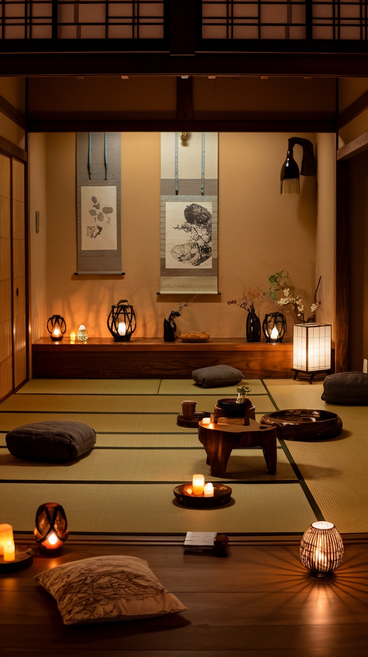 A Japanese-style living room with low lighting, warm colors, and cozy seating.