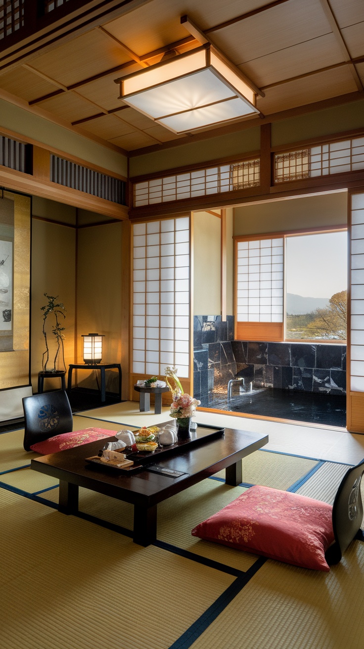 Interior of a luxurious ryokan room featuring tatami mats, wooden furniture, and a view of nature.