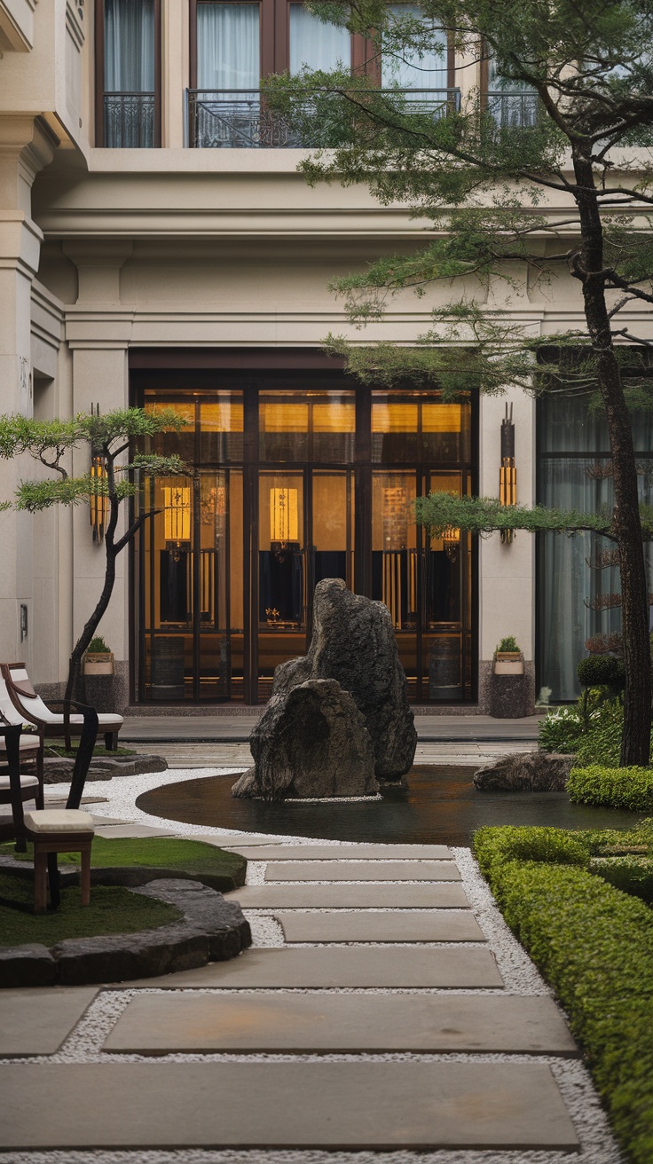 Luxury hotel with Zen garden, showing smooth stones and water features.