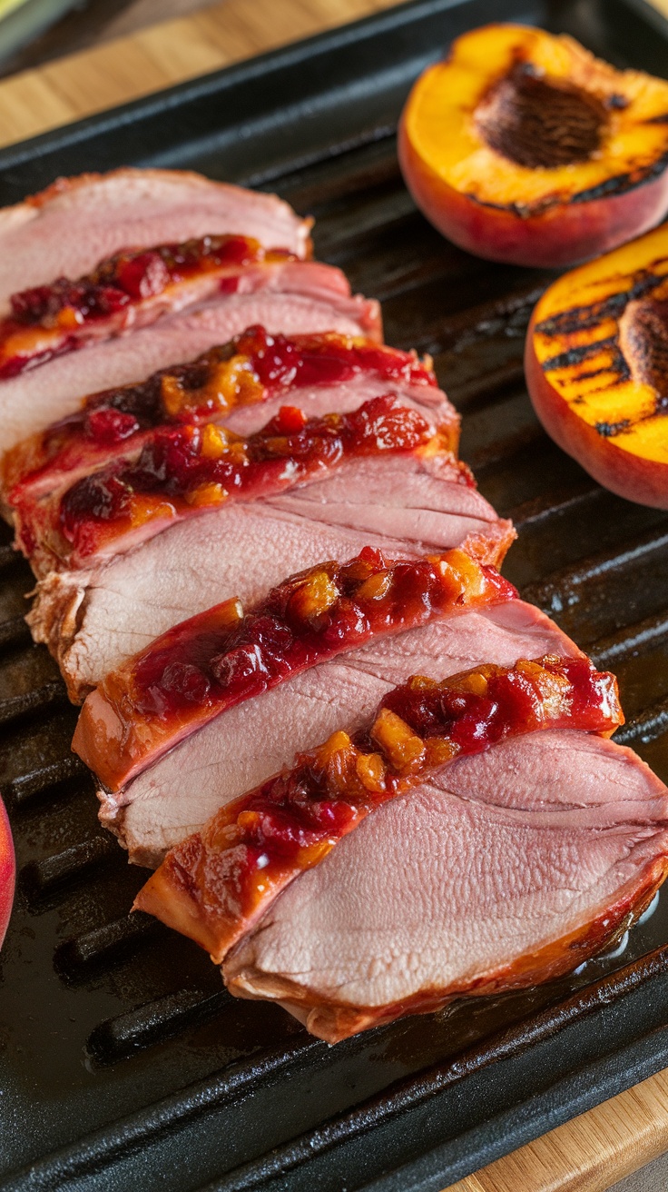 Magret de canard tranché avec une sauce aux fruits, accompagné de pêches grillées.