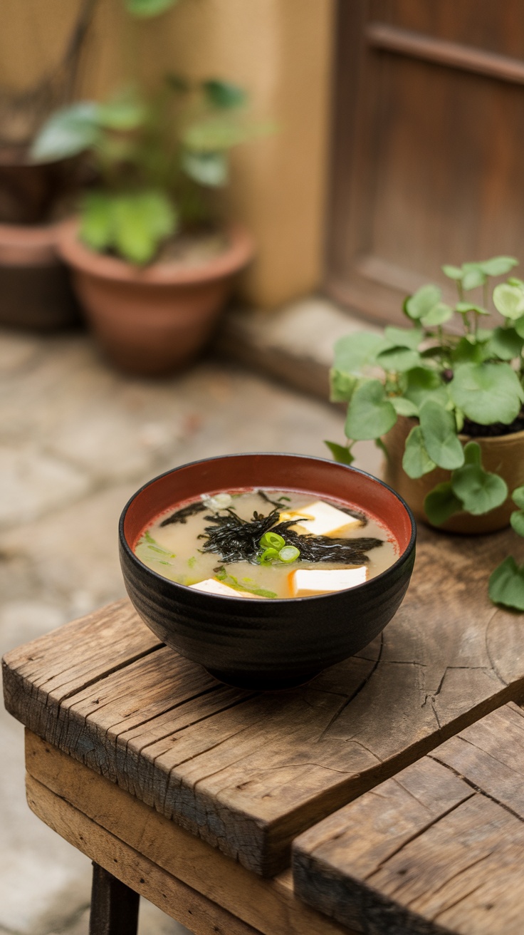 A bowl of miso soup with tofu and seaweed on a wooden table.
