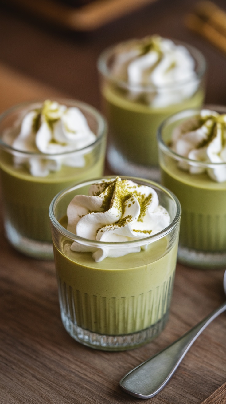 Delicious matcha pudding cups topped with whipped cream and matcha powder.