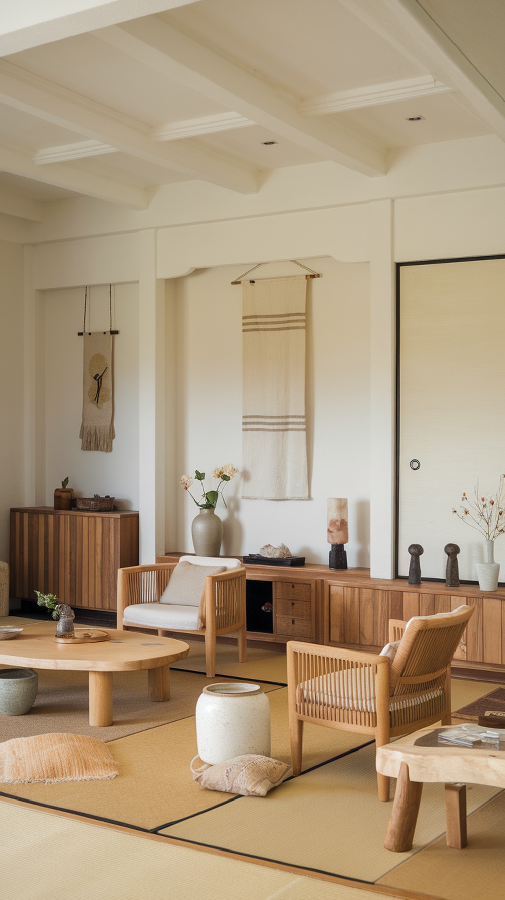 A minimalist Japanese living room with wooden furniture and natural accents.