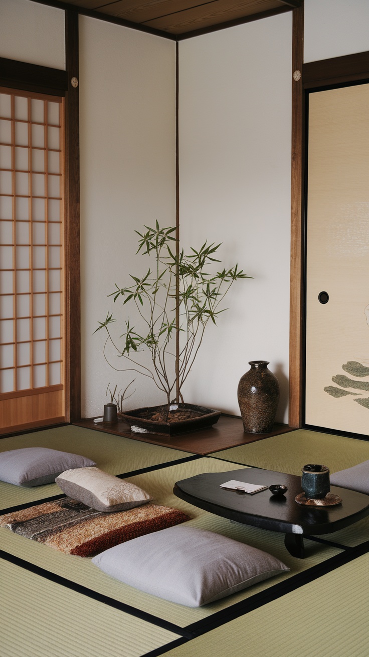 A Japanese tatami room featuring tatami mats, cushions, and traditional decor.