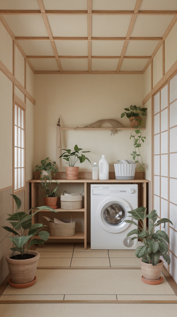A minimalist Japanese laundry room with wooden shelves, plants, and a washing machine.