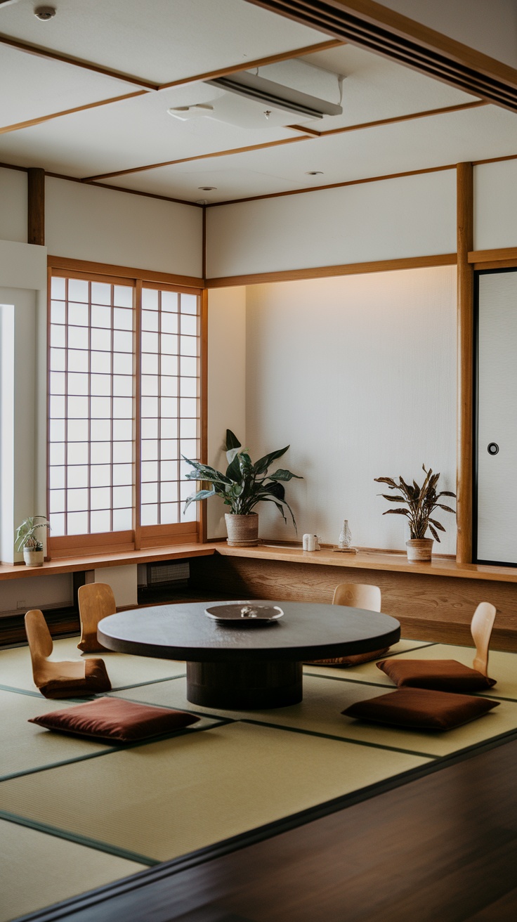 Japanese-style living room featuring minimalist furniture and decor with a low round table and floor cushions.