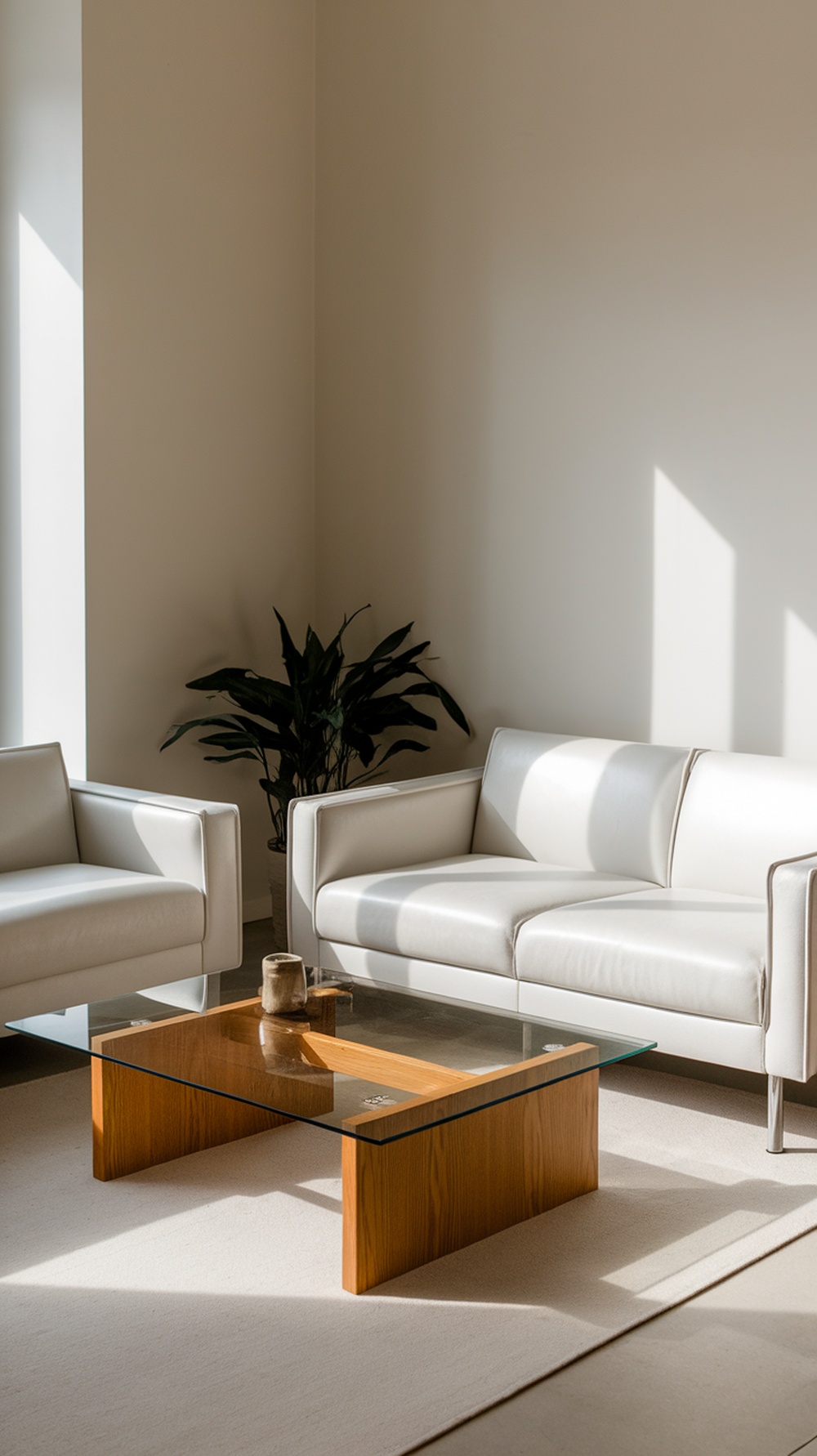 A minimalist living room with two white sofas and a glass coffee table.
