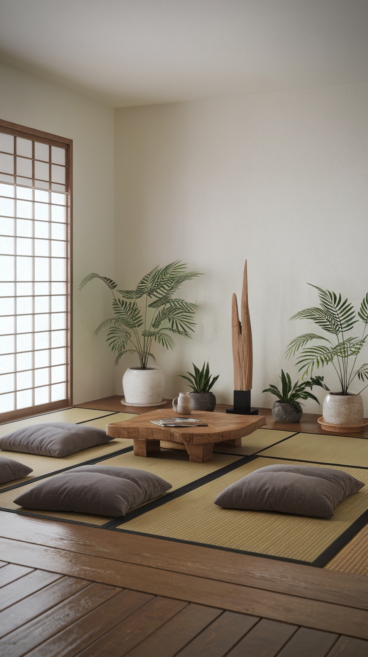 A minimalist Japanese zen living room with wooden furniture, floor cushions, and plants.