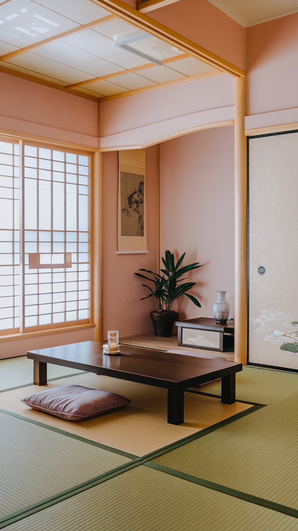 A minimalist Japanese room featuring soft pink walls, wooden accents, and green plants.