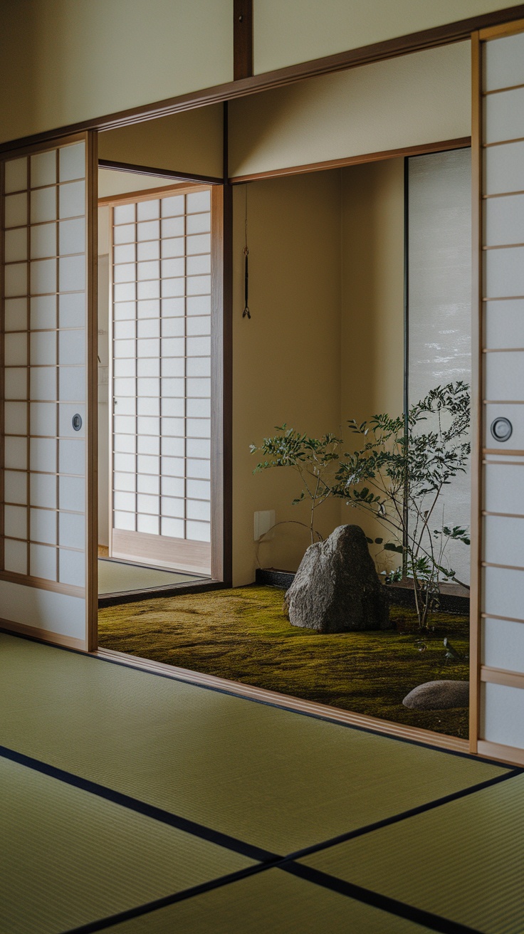 A minimalist Japanese room with sliding doors, a mossy floor, and a small plant and stone arrangement.