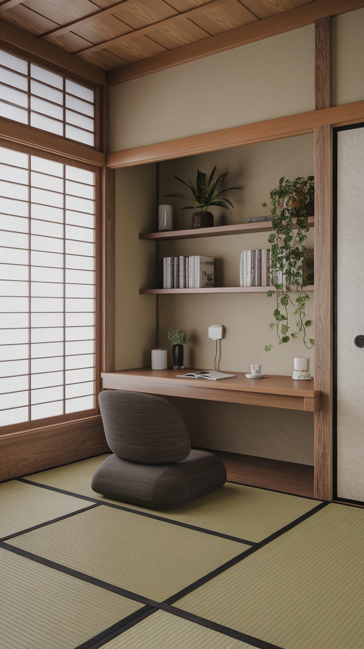 A minimalist Japanese study room with a wooden desk, a computer, and plants.