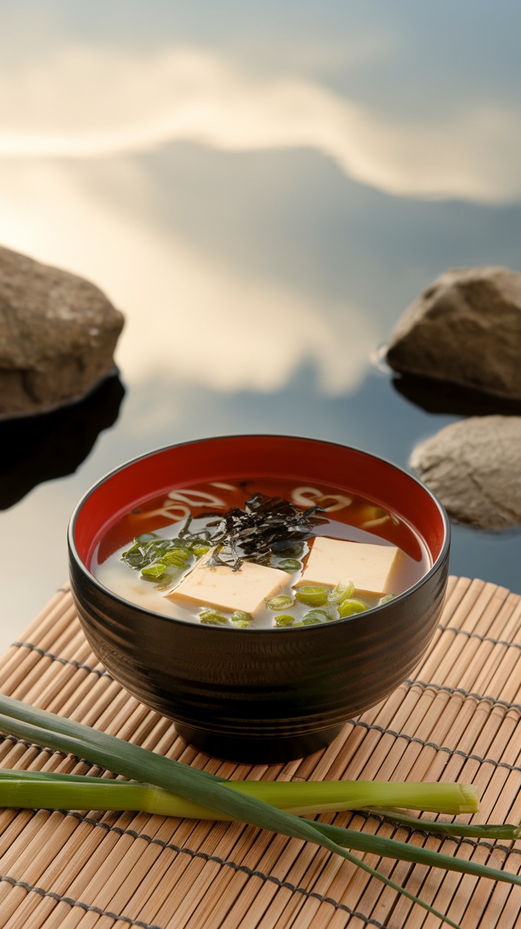 A bowl of miso soup with tofu and green onions on a bamboo mat.