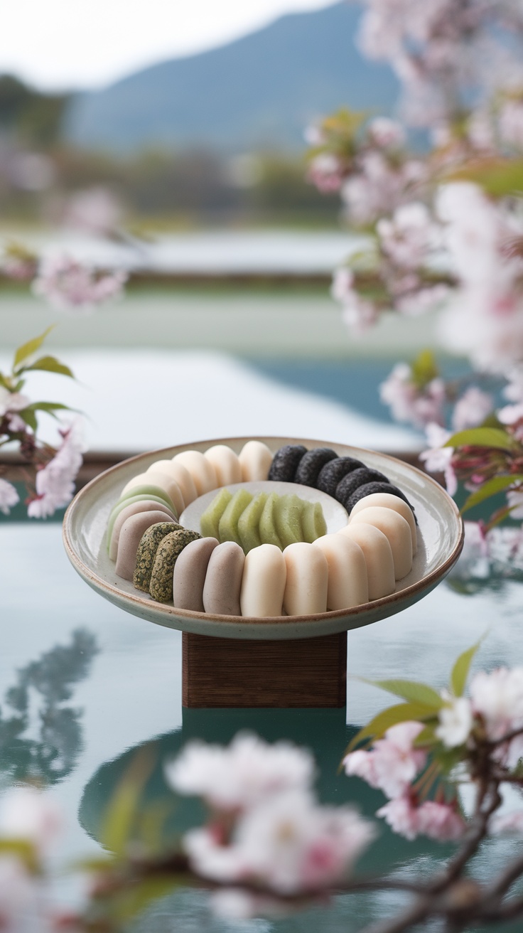 A circular arrangement of colorful mochi on a wooden plate surrounded by cherry blossoms.