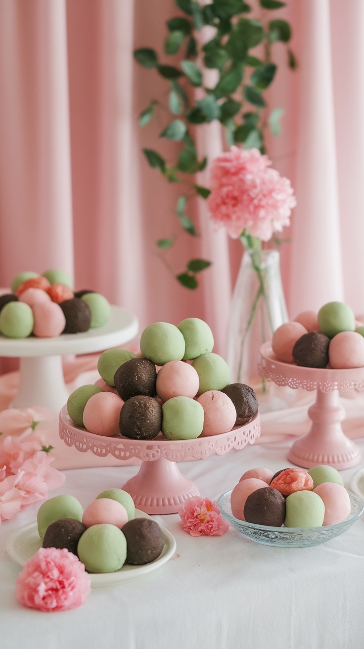 Colorful mochi ice cream balls arranged on pink stands and plates.