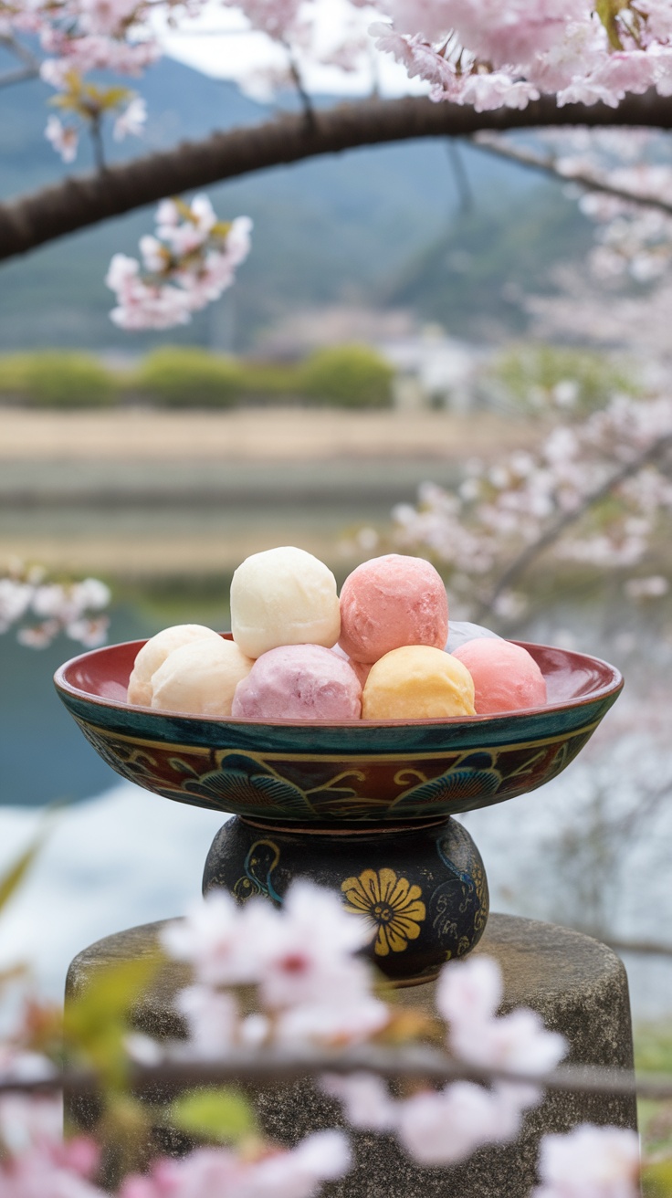 Colorful mochi ice cream balls in a decorative bowl