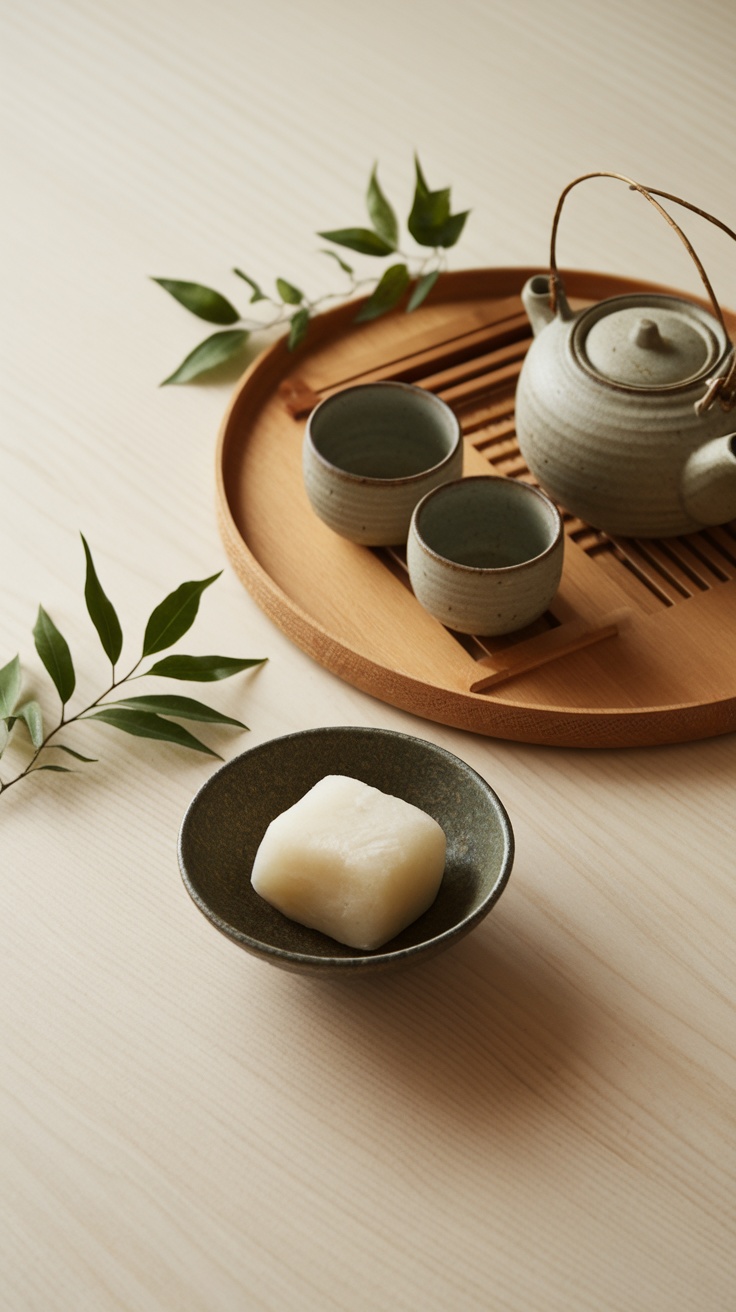 A minimalist setup featuring mochi, a teapot, and cups on a wooden tray with greenery.