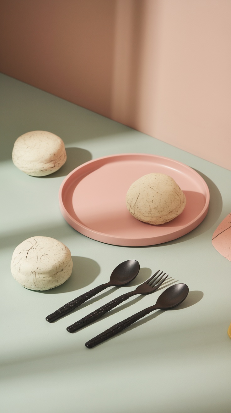 An aesthetically pleasing display of mochi-inspired tableware with a soft pink plate and textured mochi sweets.