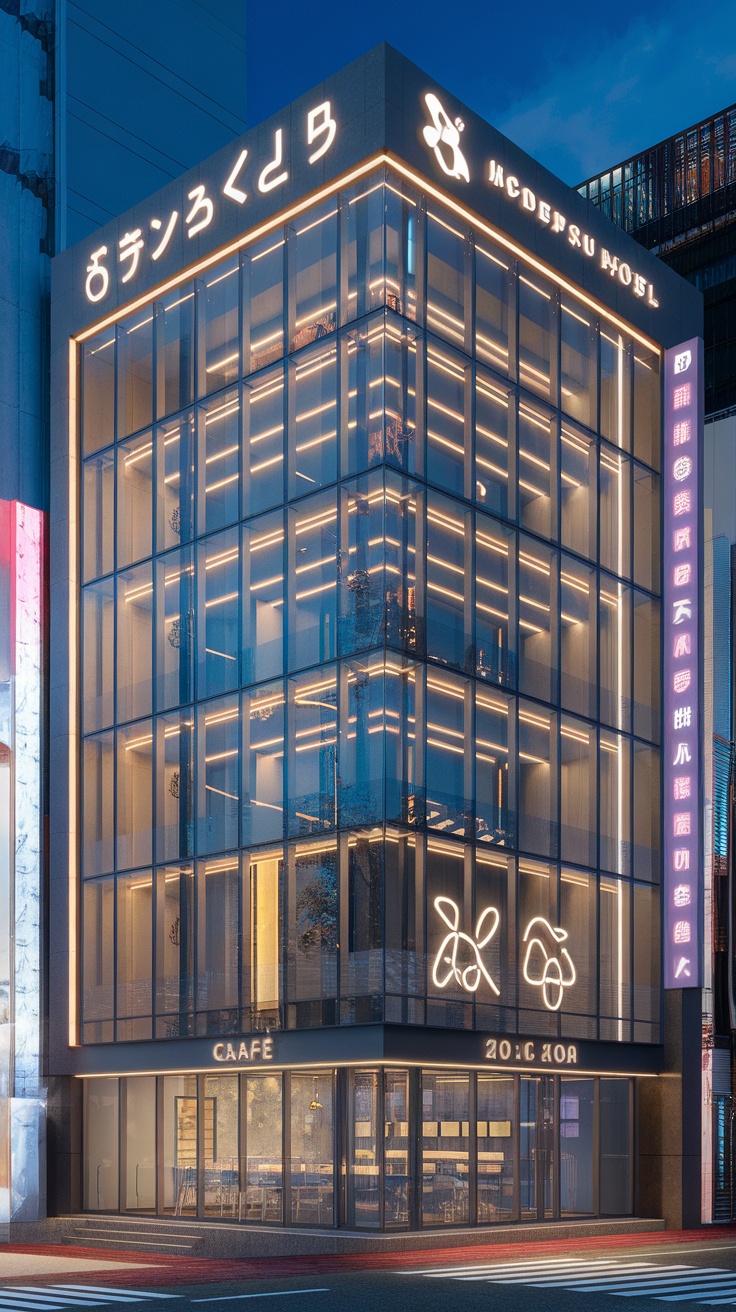 Exterior view of a modern capsule hotel in Japan showcasing glass design and illuminated signage.