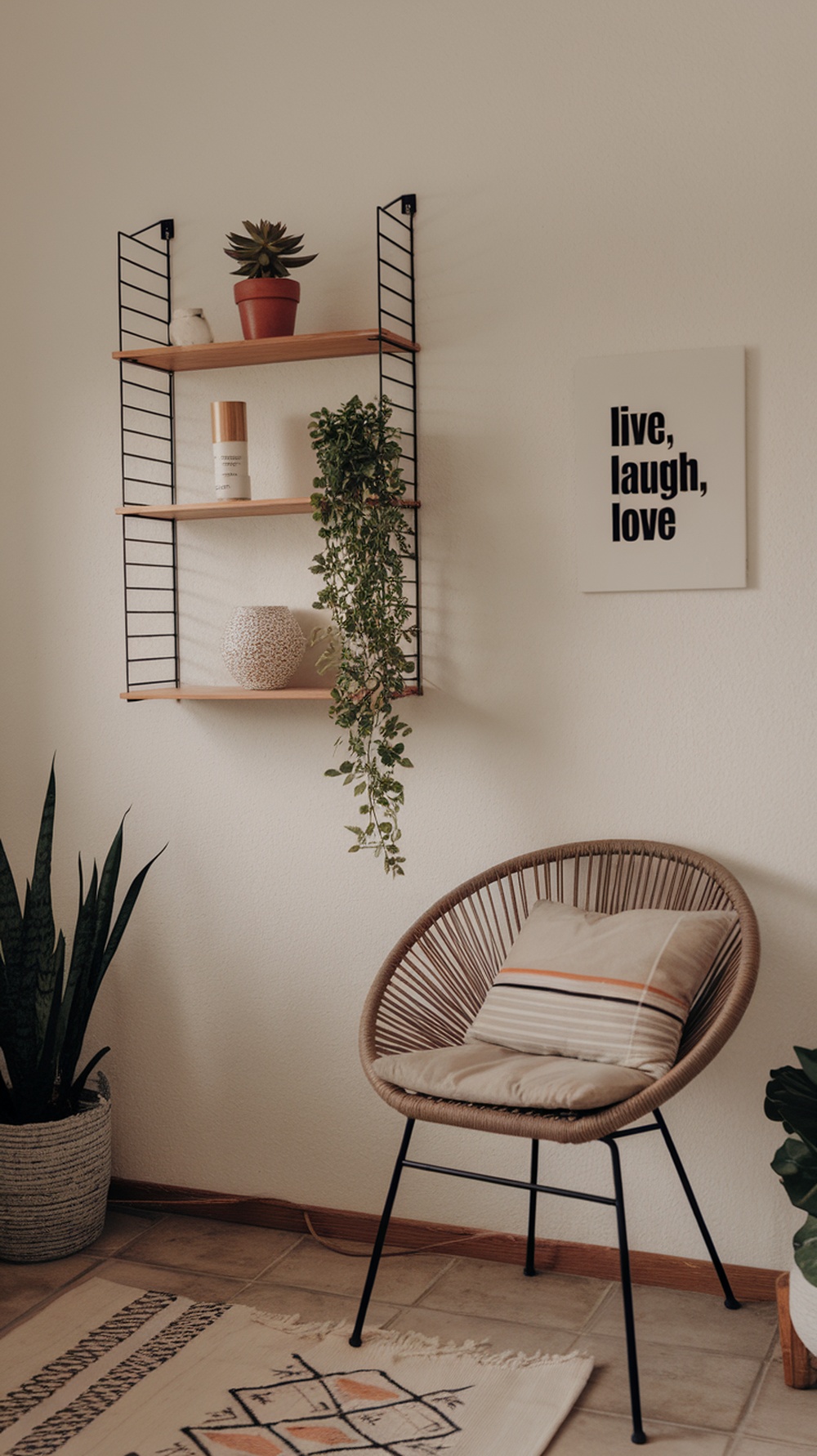 A cozy small living room with a stylish chair, wall shelves, and decorative elements.
