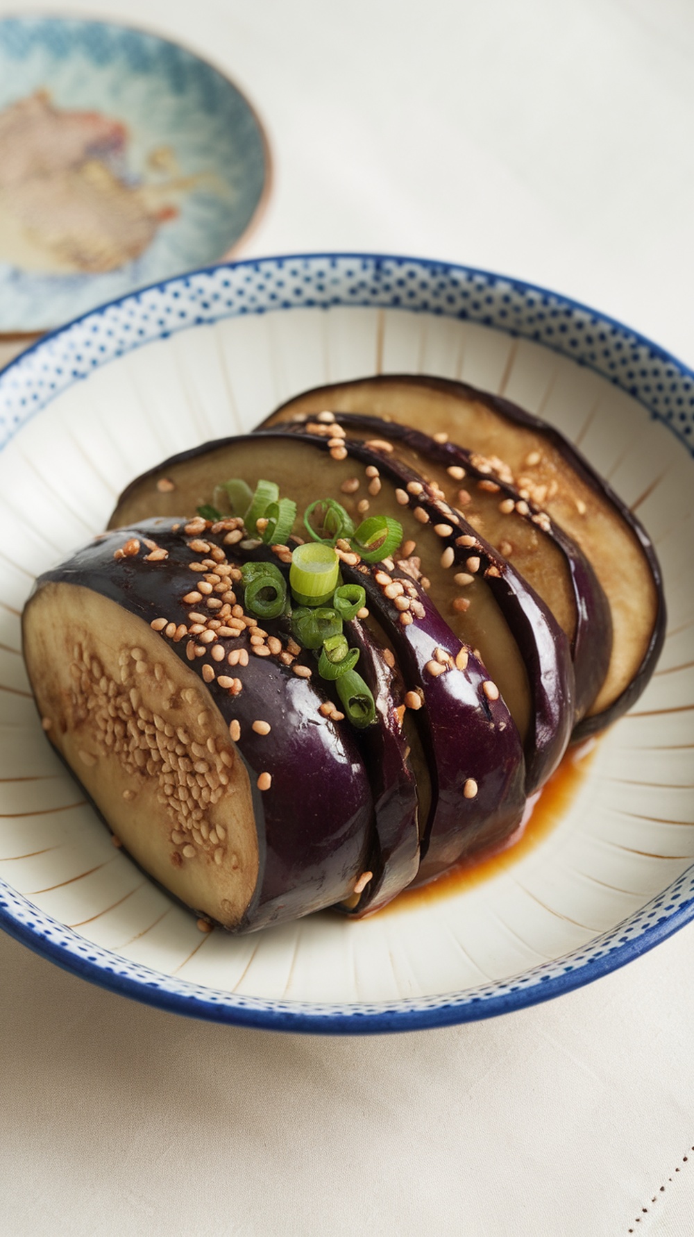 A dish of sliced eggplant topped with miso sauce, sesame seeds, and green onions.
