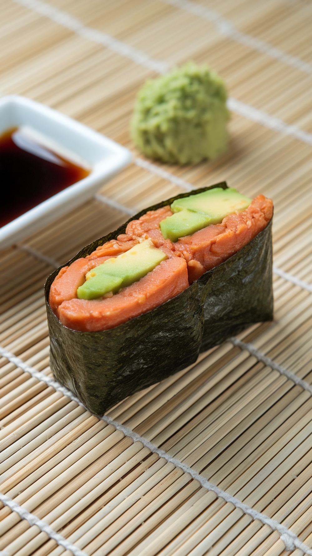 Natto and avocado sushi rolls served with wasabi and soy sauce on a bamboo mat.