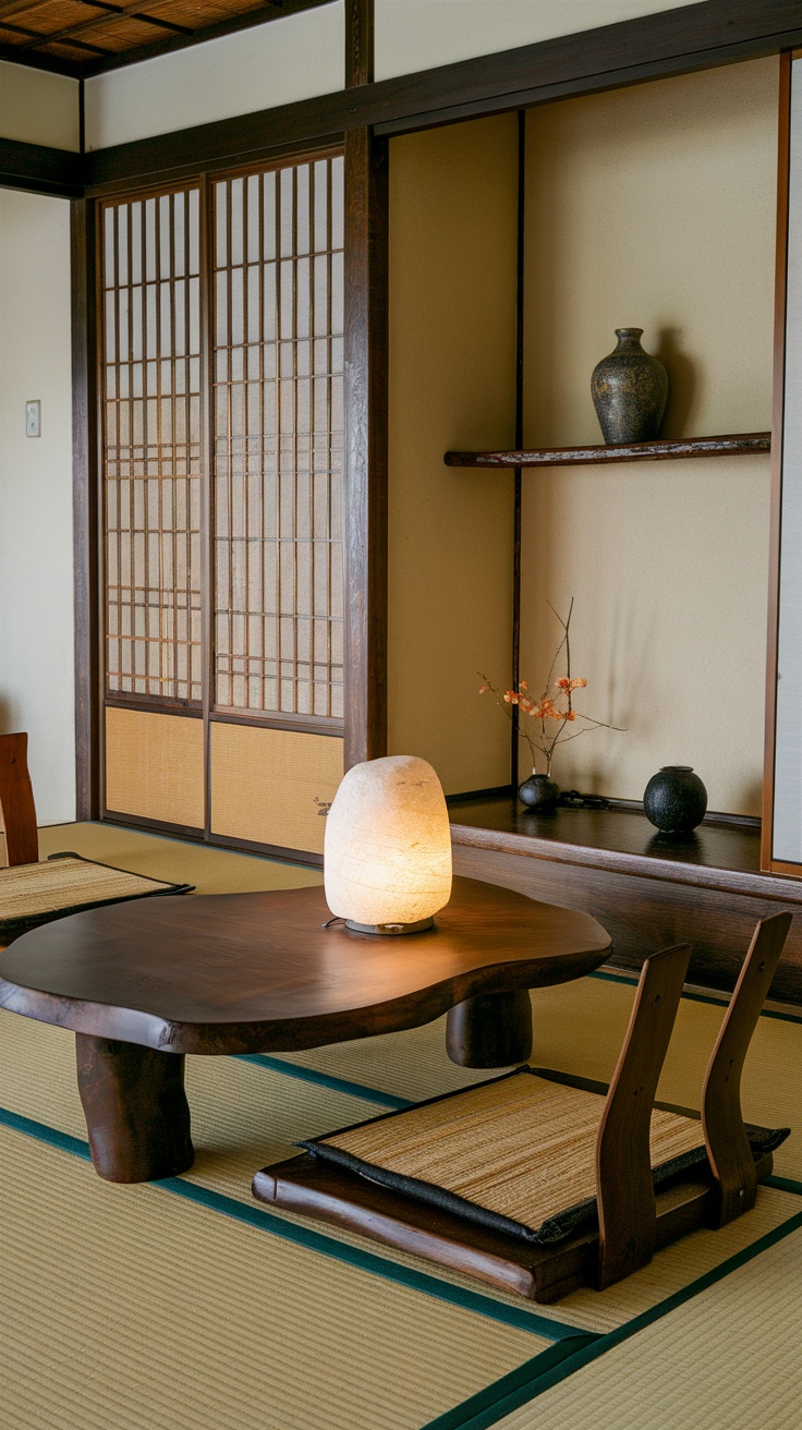 A traditional Japanese room with wooden furniture, tatami mats, and a soft glowing lamp.