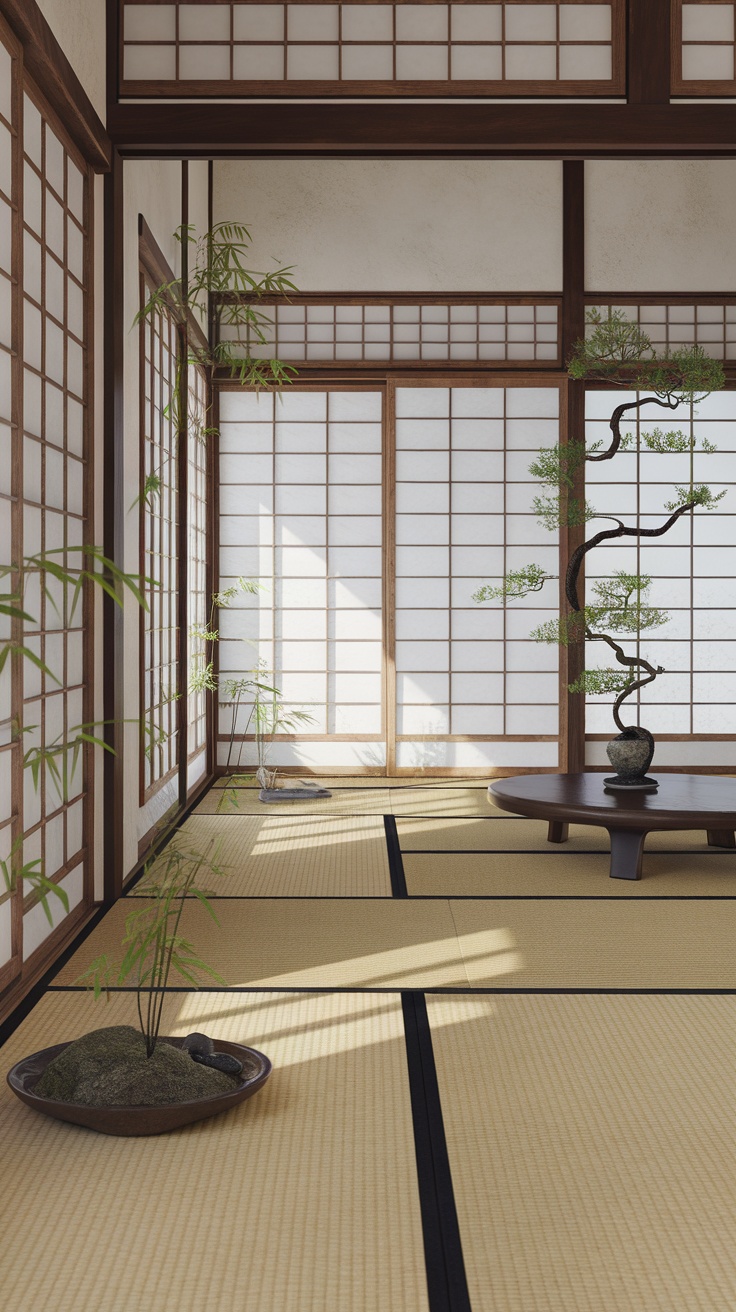 A Japanese zen living room with natural light, indoor plants, and tatami mats.