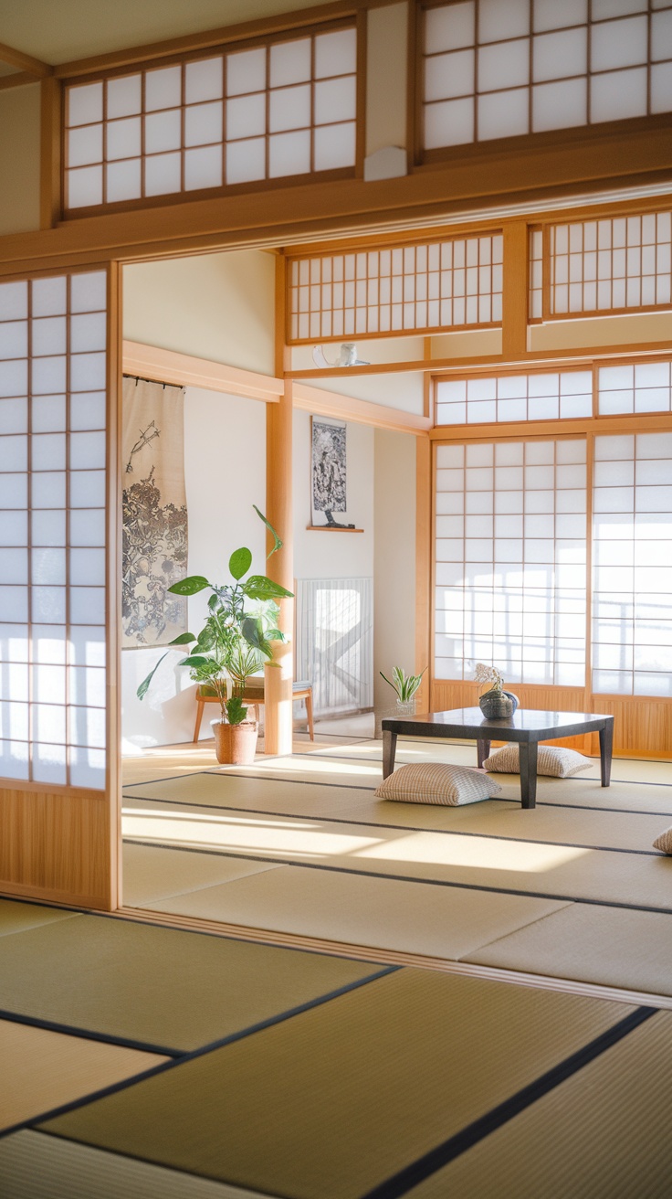A serene Japanese-style living room with natural light, tatami mats, and plants.