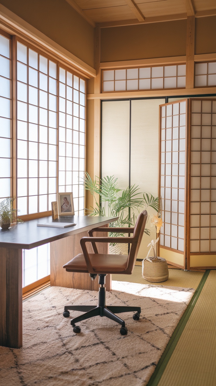 A serene Japanese study room featuring a wooden desk, rolling chair, and large windows allowing natural light.