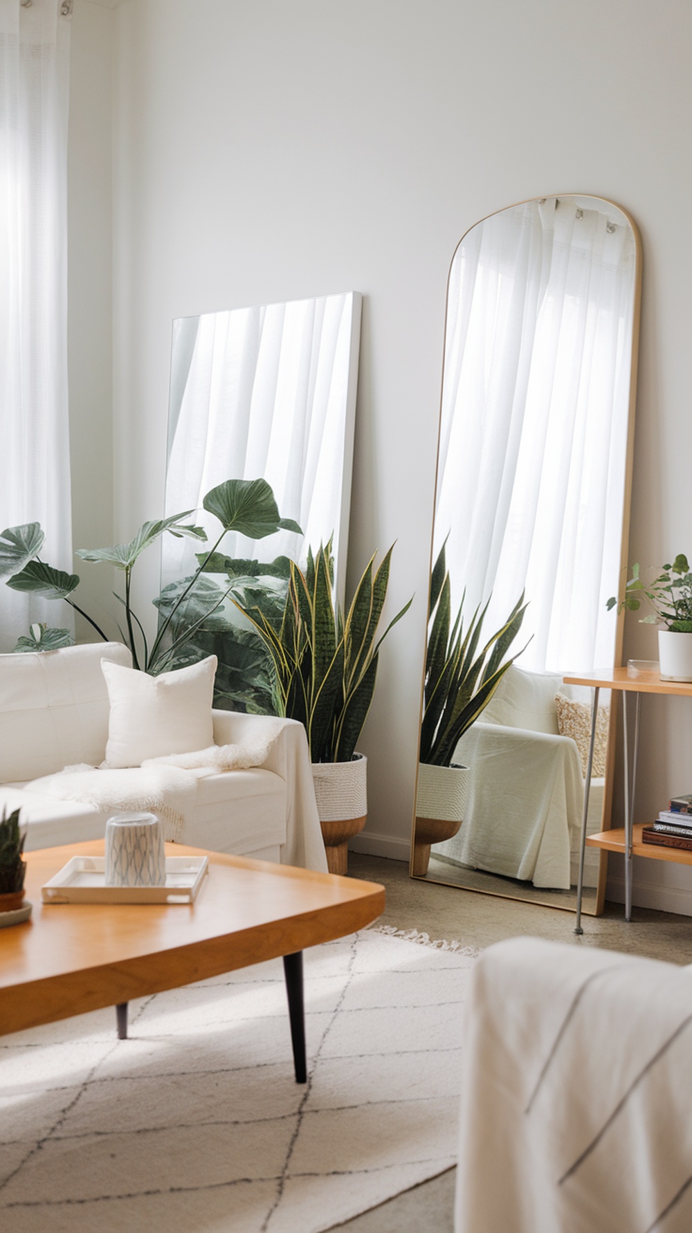 A modern small living room with mirrors, plants, and natural light.