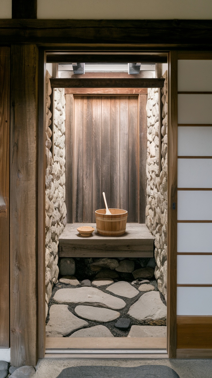 Interior view of a Japanese shower room with natural wood and stone elements.