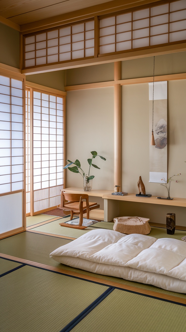 A small Japanese bedroom featuring neutral colors, natural wood elements, and tatami mats.