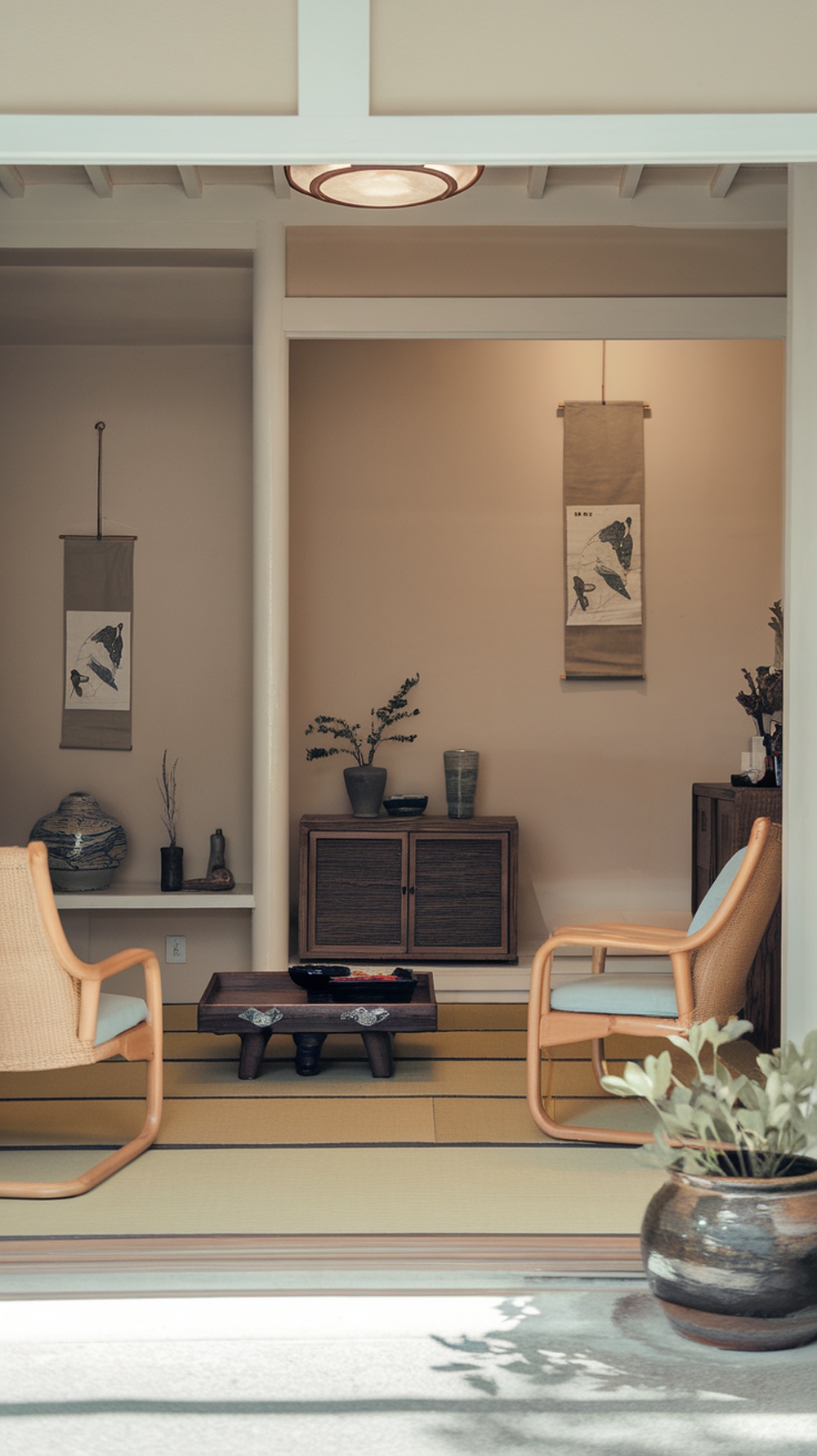 A serene Japanese living room with neutral colors, featuring traditional decor and simple furniture.