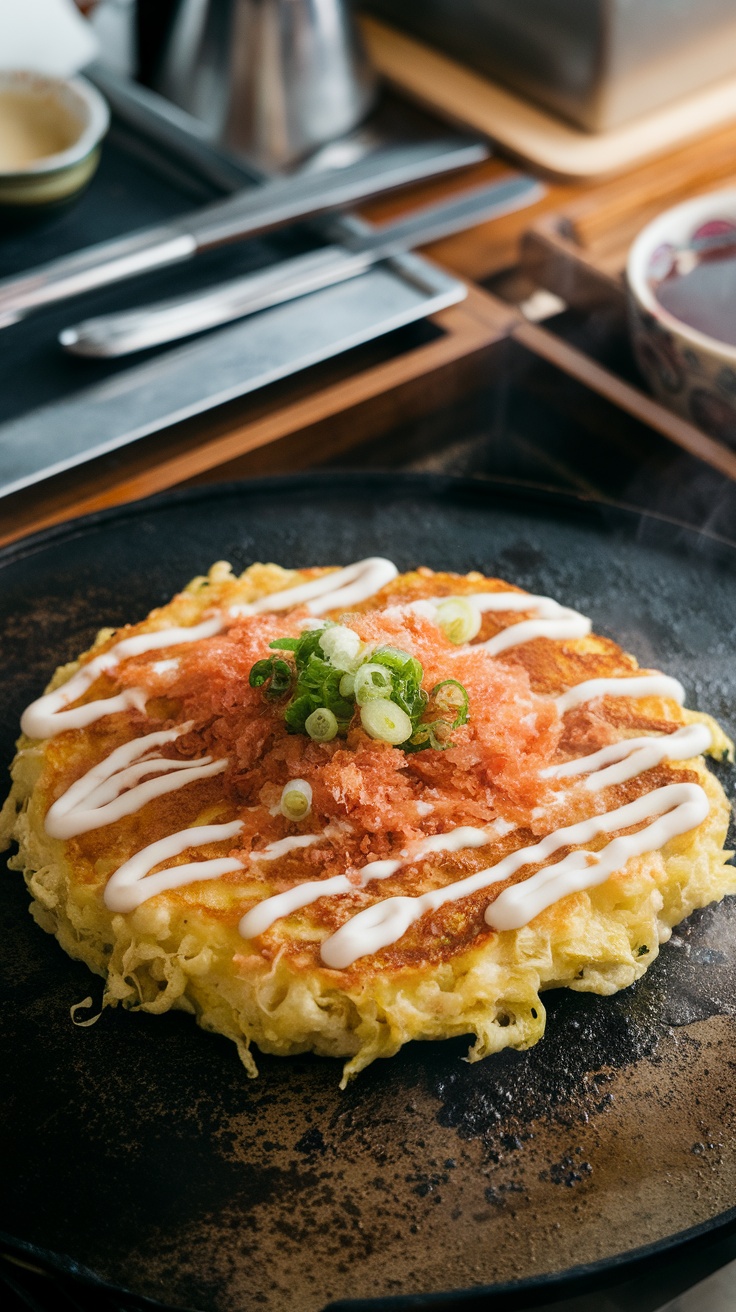 A delicious plate of okonomiyaki topped with bonito flakes and mayonnaise.
