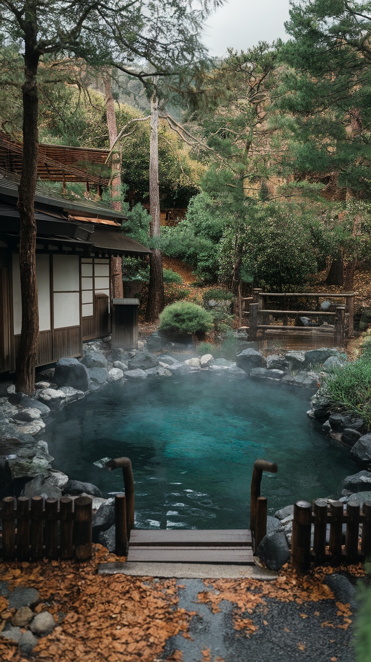Onsen hotel with a tranquil hot spring and surrounded by trees