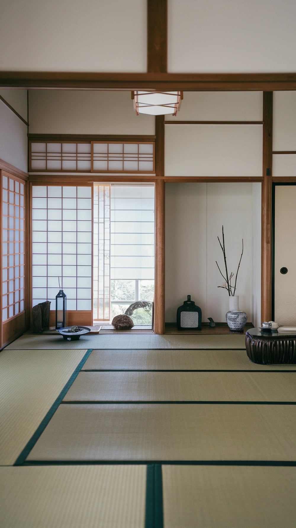 A minimalist Japanese living room featuring an open layout with tatami mats and simple decor.