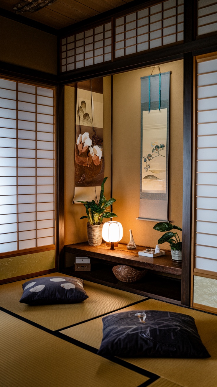 A cozy small Japanese bedroom with art, decor, and cushions on the tatami floor.