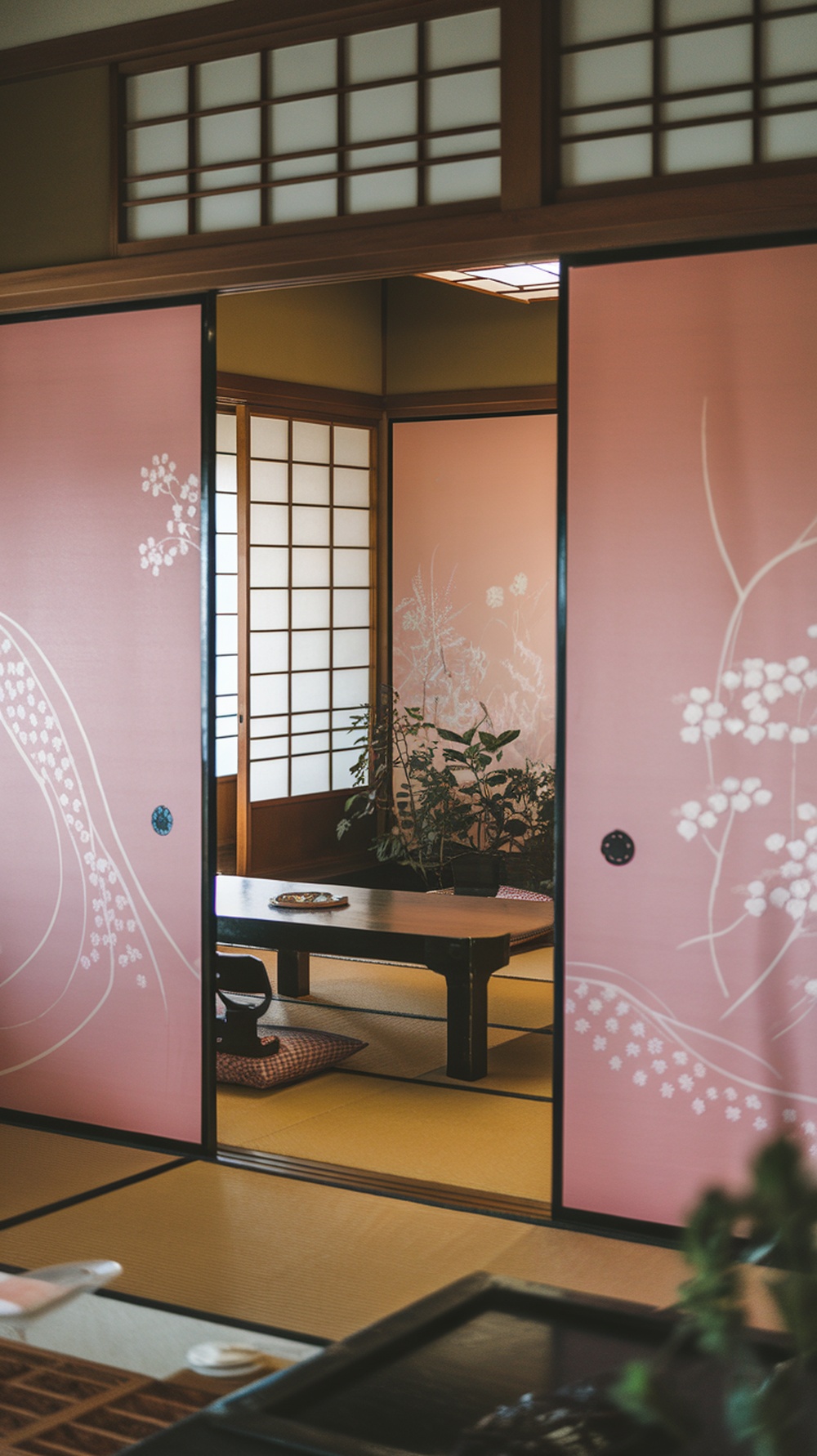 Interior view of a Japanese room with pink shoji screens and traditional furniture.