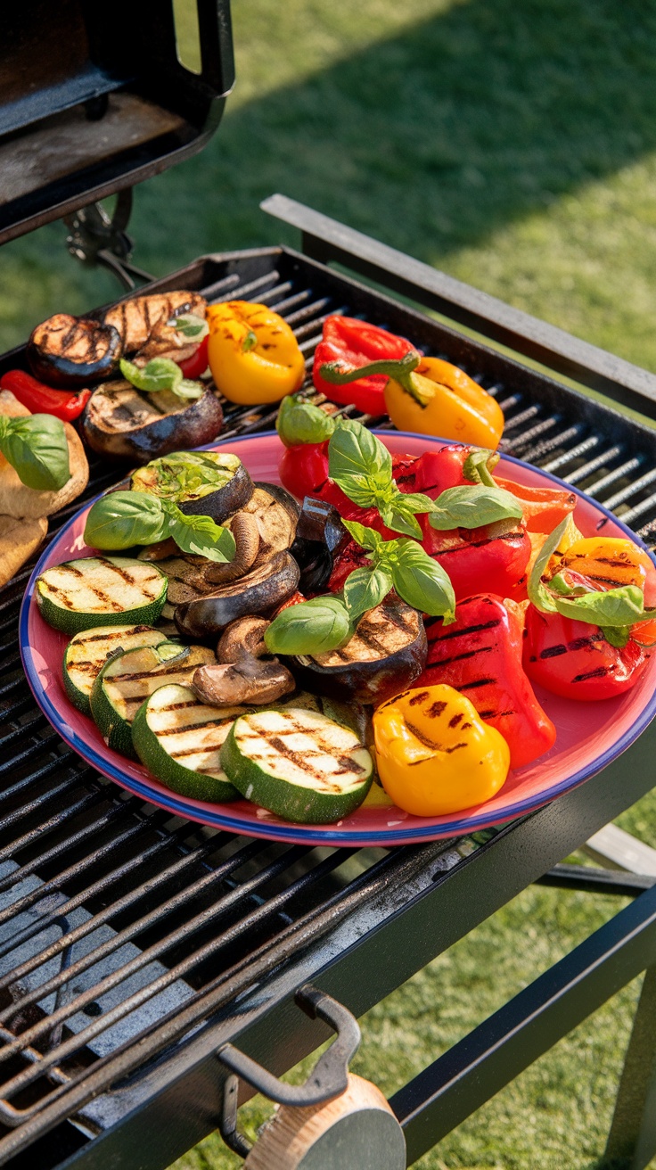 Des légumes grillés colorés sur une plancha, comprenant courgettes, poivrons, aubergines et champignons, décorés de basilic frais.