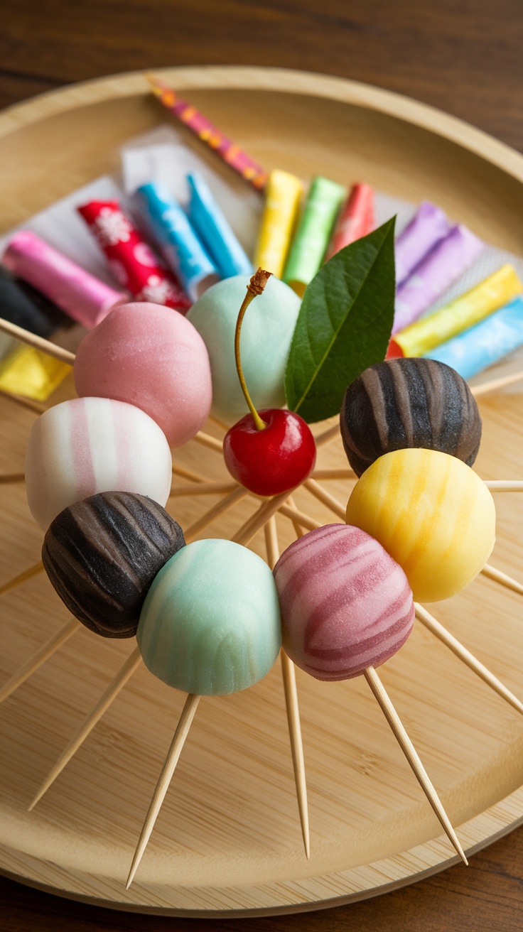 Colorful mochi arranged on skewers with a cherry and leaves.
