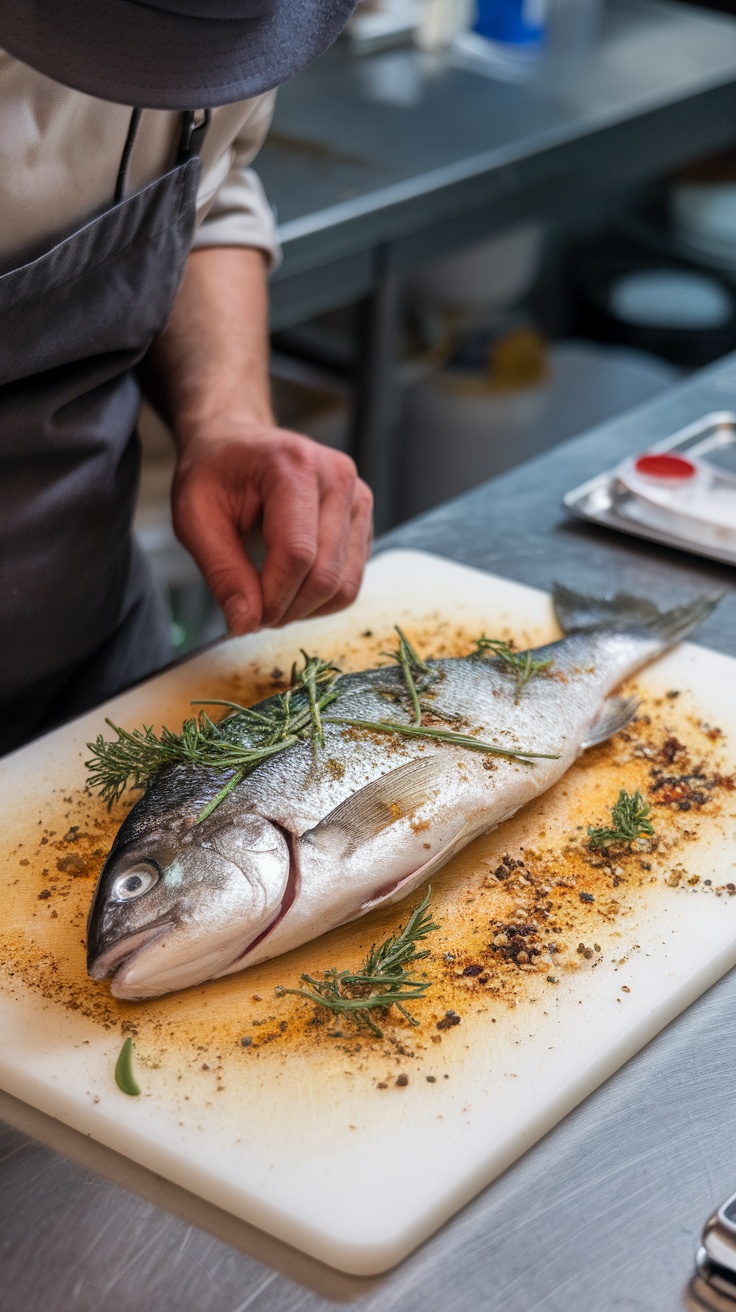 Préparation d'un poisson entier assaisonné avec des herbes avant la cuisson.
