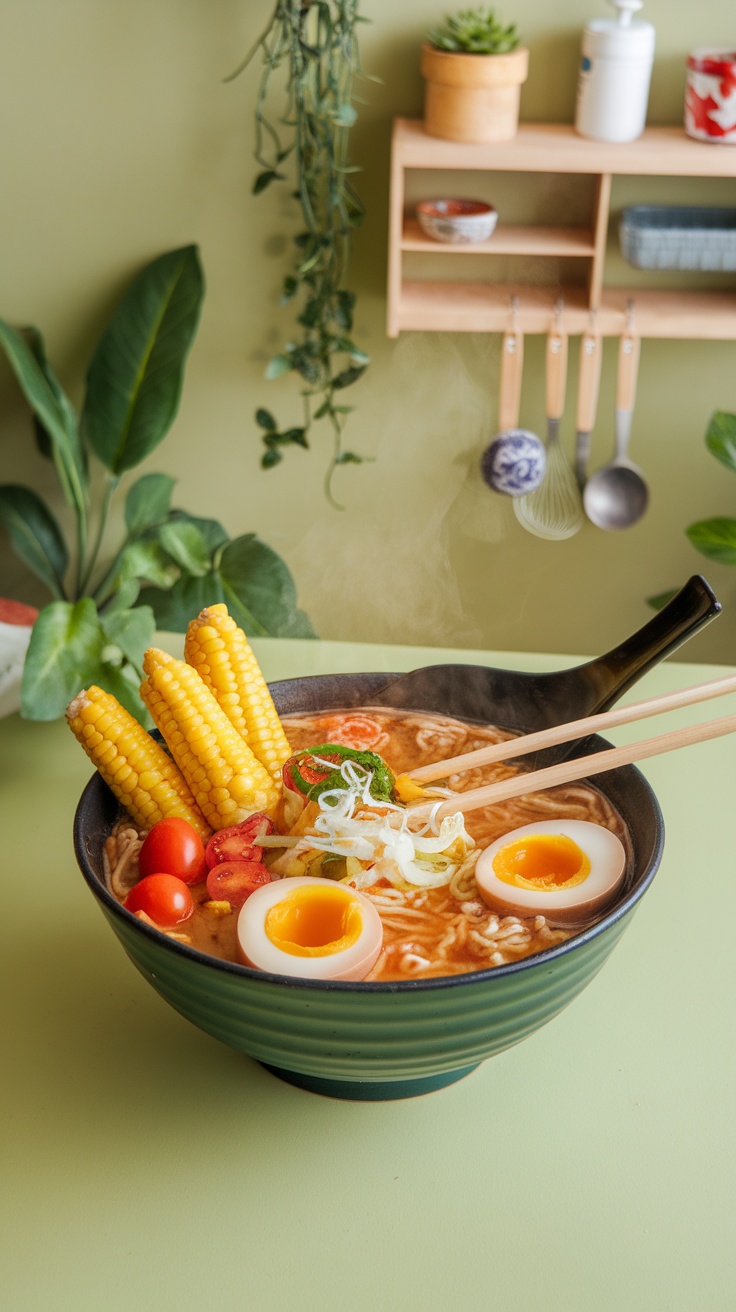 Bowl of ramen noodle soup with corn, cherry tomatoes, and soft-boiled eggs