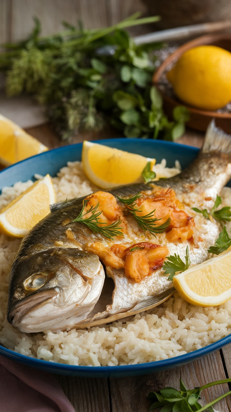 Un plat de poisson au four avec du riz et des légumes, décoré de quartiers de citron sur une table rustique.