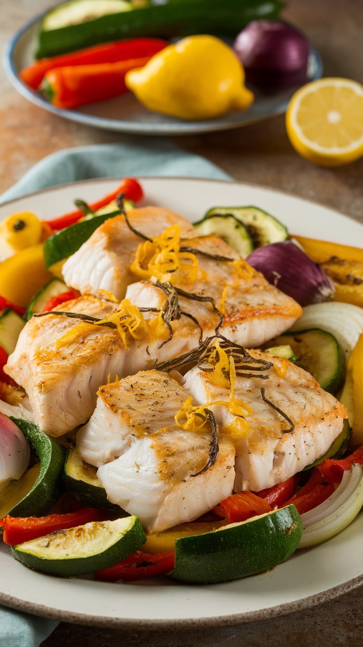 Un plat de poisson au four avec légumes rôtis, sur une table rustique.